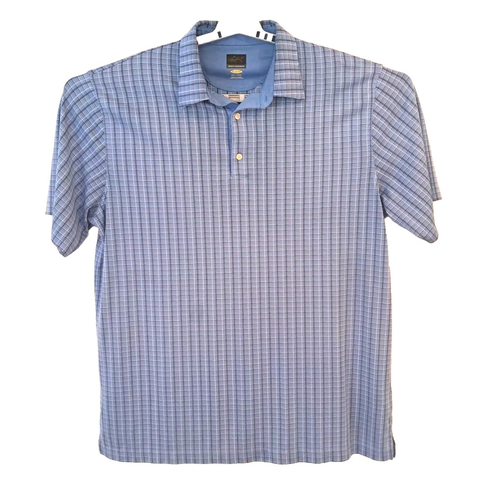 Greg Norman Polo Shirt Men's 2XL Blue White Plaid Short Sleeve Golf Gear Comfort